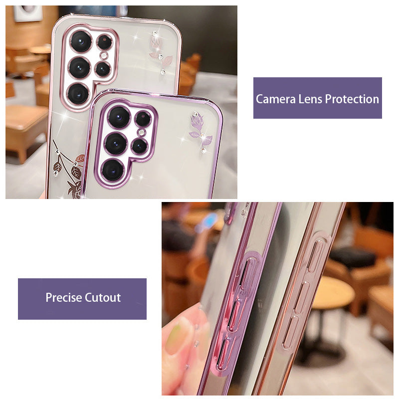 Electroplating Phone Cover for Samsung Galaxy S23 Ultra Flower Pattern Rhinestone Decor Soft TPU Protective Smartphone Case Electroplating Phone Cover for Samsung Galaxy S23 Ultra Flower Pattern Rhinestone Decor Soft TPU Protective Smartphone Case
